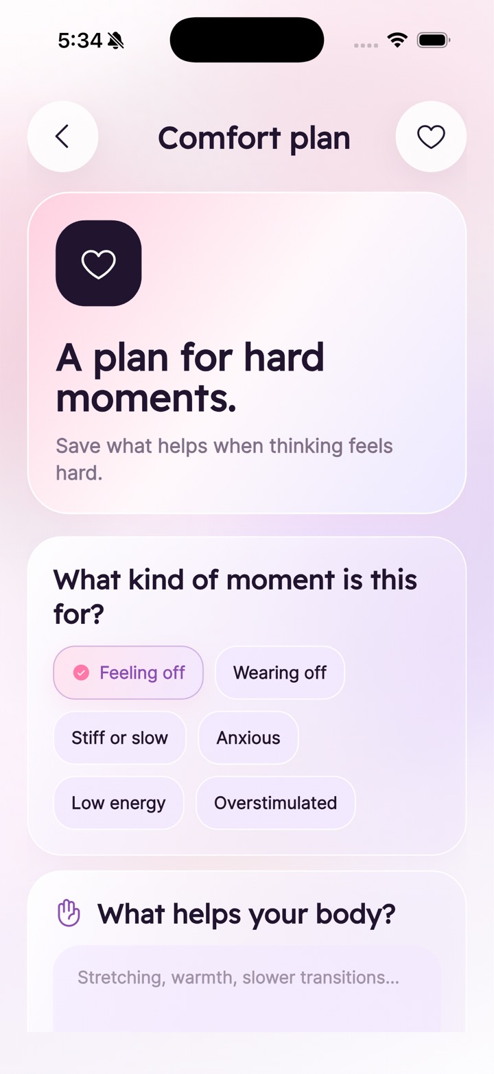 SteadyTogether comfort plan screen for hard moments with body support prompts