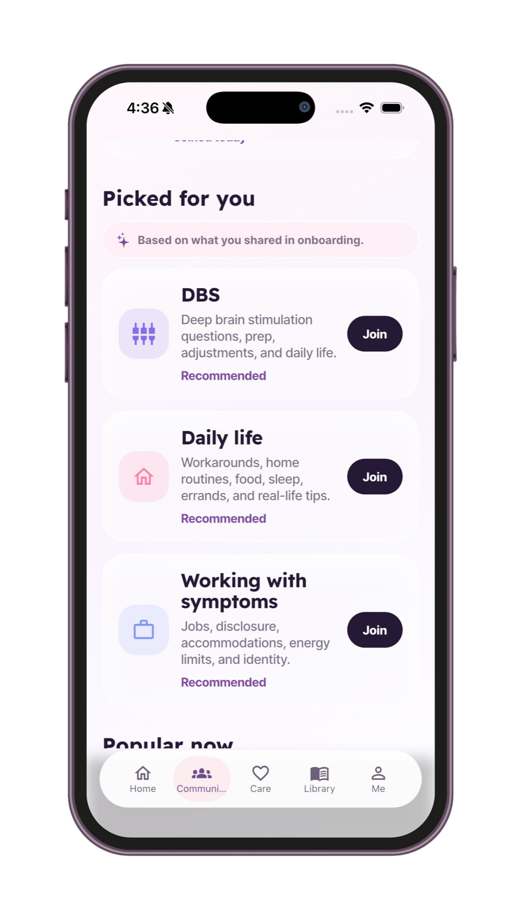 SteadyTogether communities screen with personalized recommendations