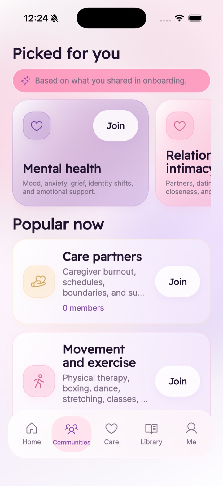 SteadyTogether communities screen with picked-for-you and popular communities