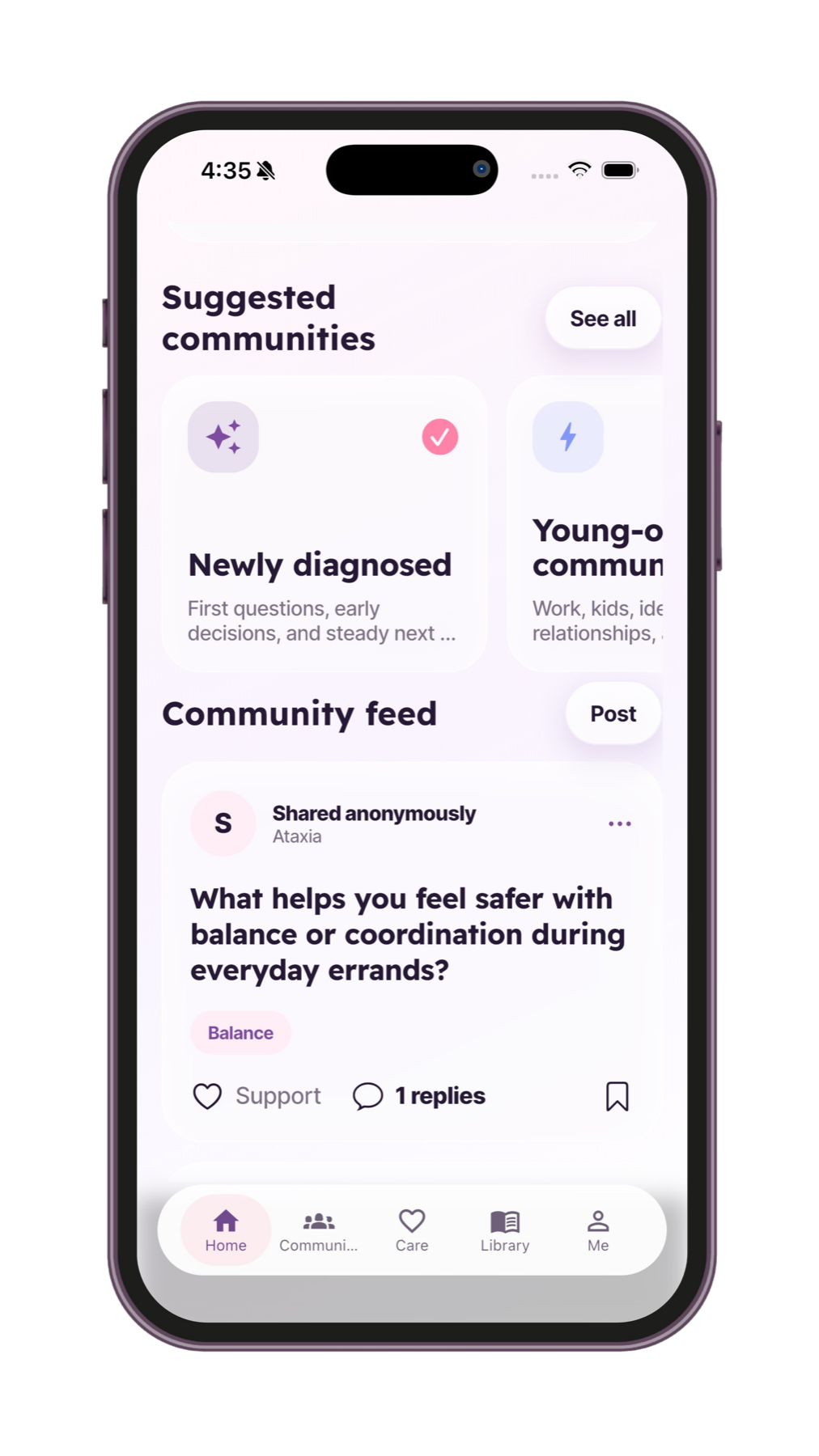 SteadyTogether community feed screen with posts and support actions