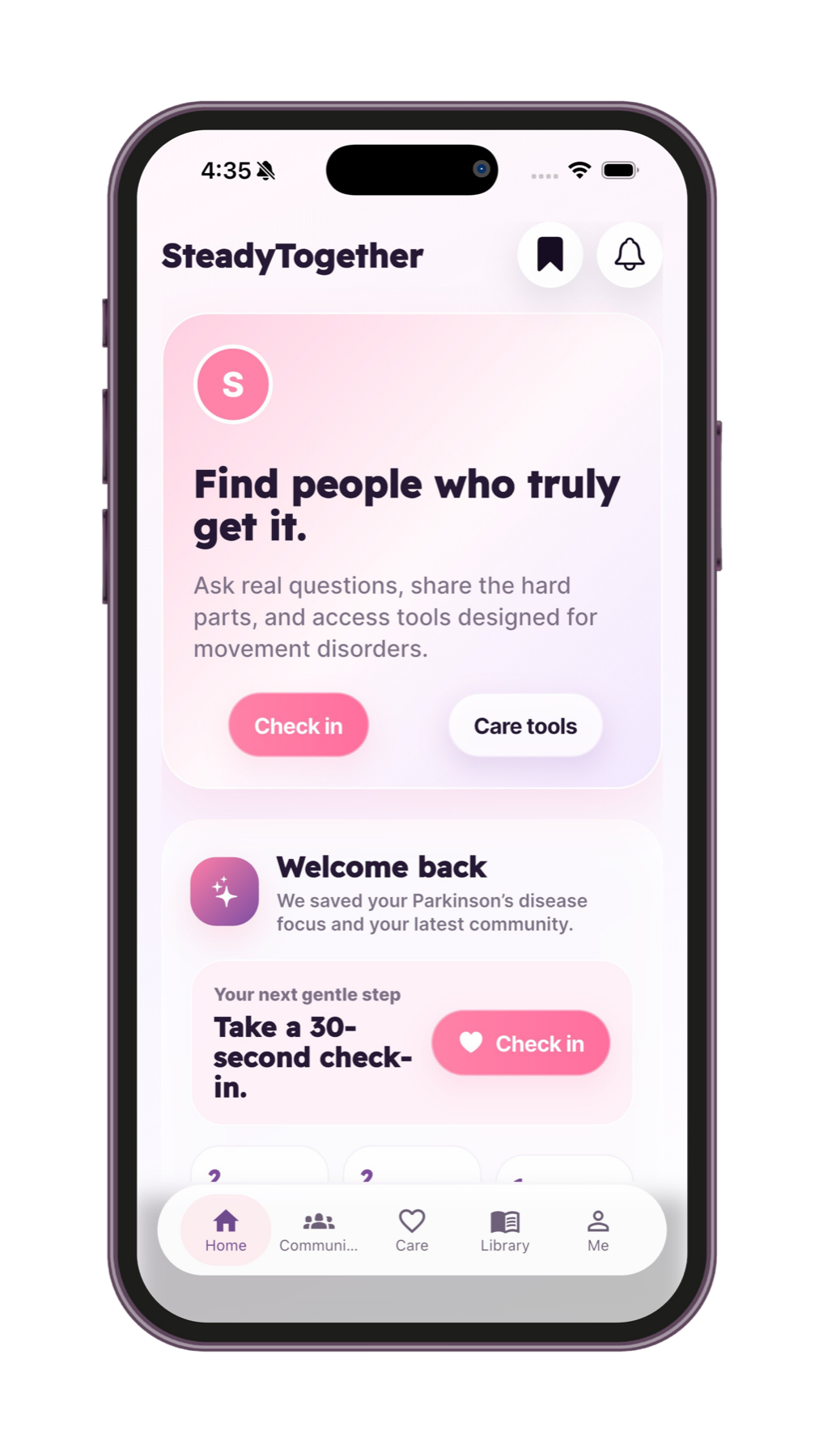 SteadyTogether app home screen showing check-in and community tools