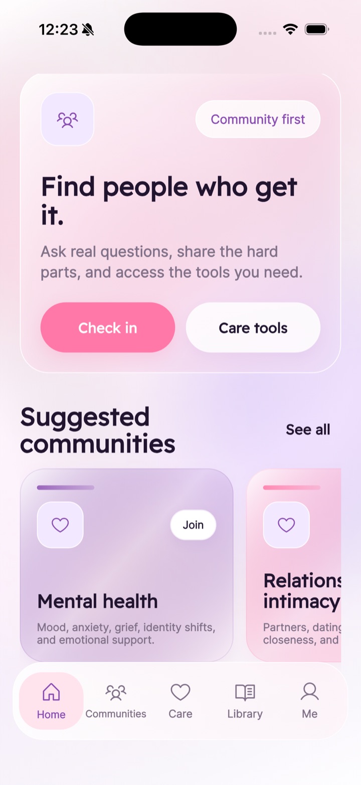 SteadyTogether home screen with suggested communities and care tools
